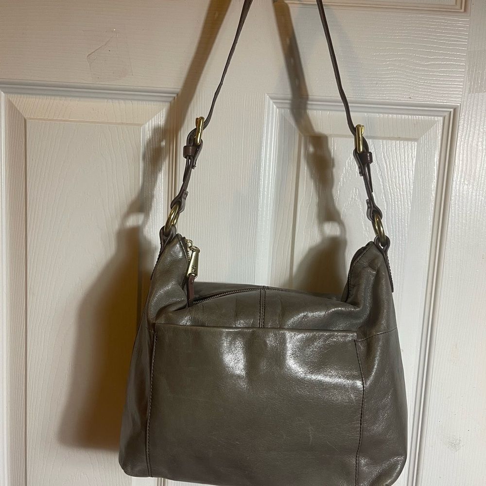 Hobo Leather Grayish green , Brown and Shoulder Bag with gold tone hardwares.